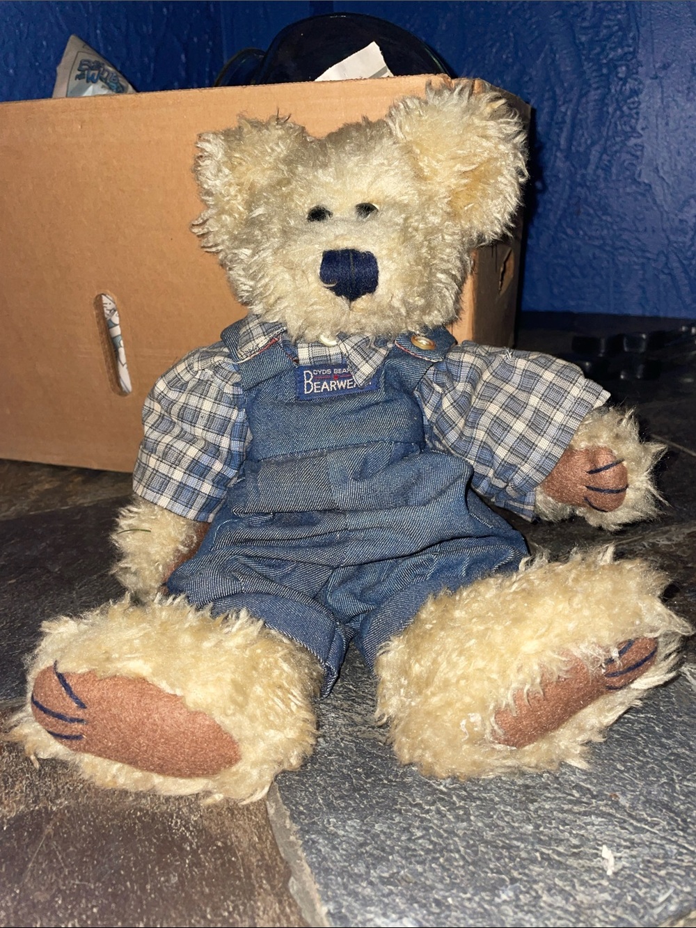 Boyds Bears Beige Teddy in Blue Denim Overalls